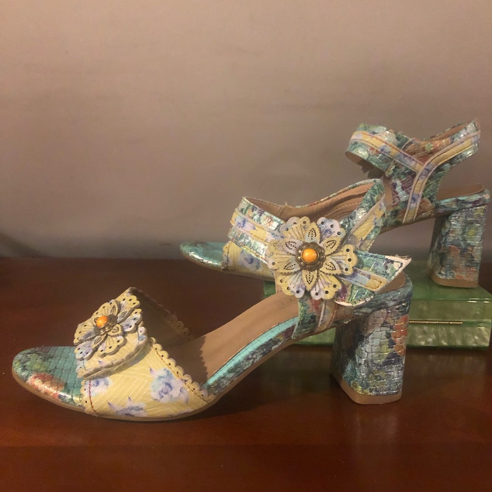 Floral Multi-Color Block Heel Sandals with Decorative Flower